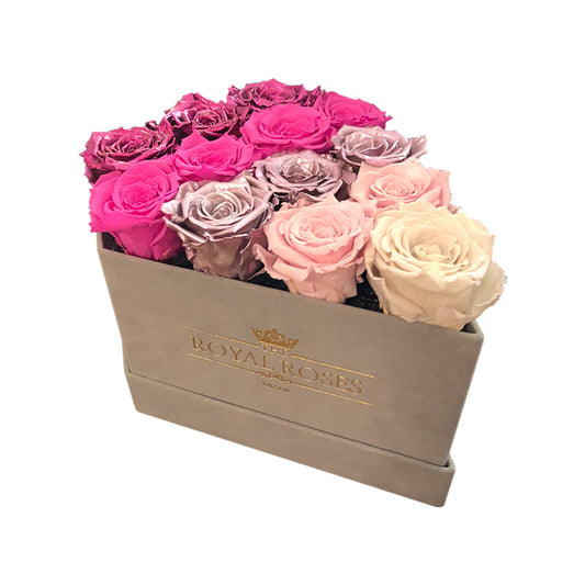 Limited Diamond Light Creamy Sueded Box - Special Collection of Real Long Lasting Roses - Lifetime is Over 1 Year - The Royal Roses 